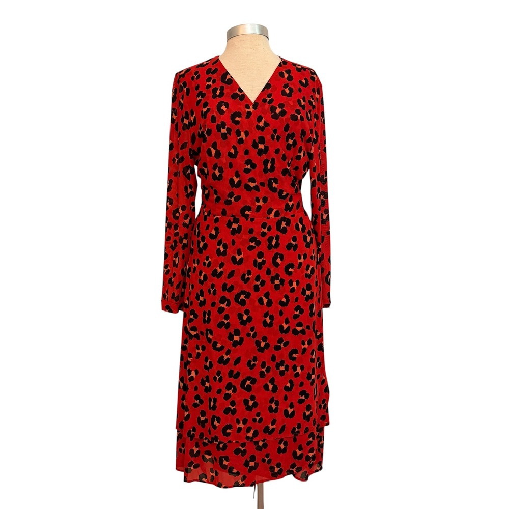 Cabi‎ 5771 Red Leopard Mesh Faux Wrap Midi Dress Womens XL Long Sleeve Stretch